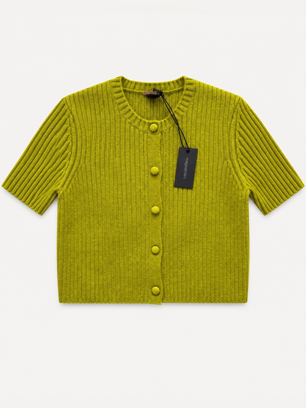 Magaschoni 100% Cashmere Ribbed Short Sleeve Cardigan Pear Green Size S NWT